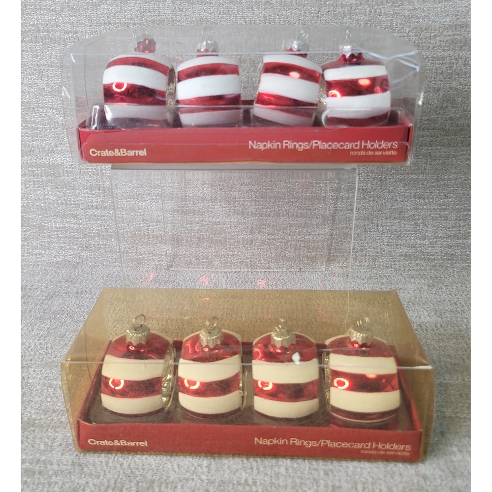 Crate & Barrel Christmas Ornament Napkin Rings Placecard Holders Red White 8 NEW